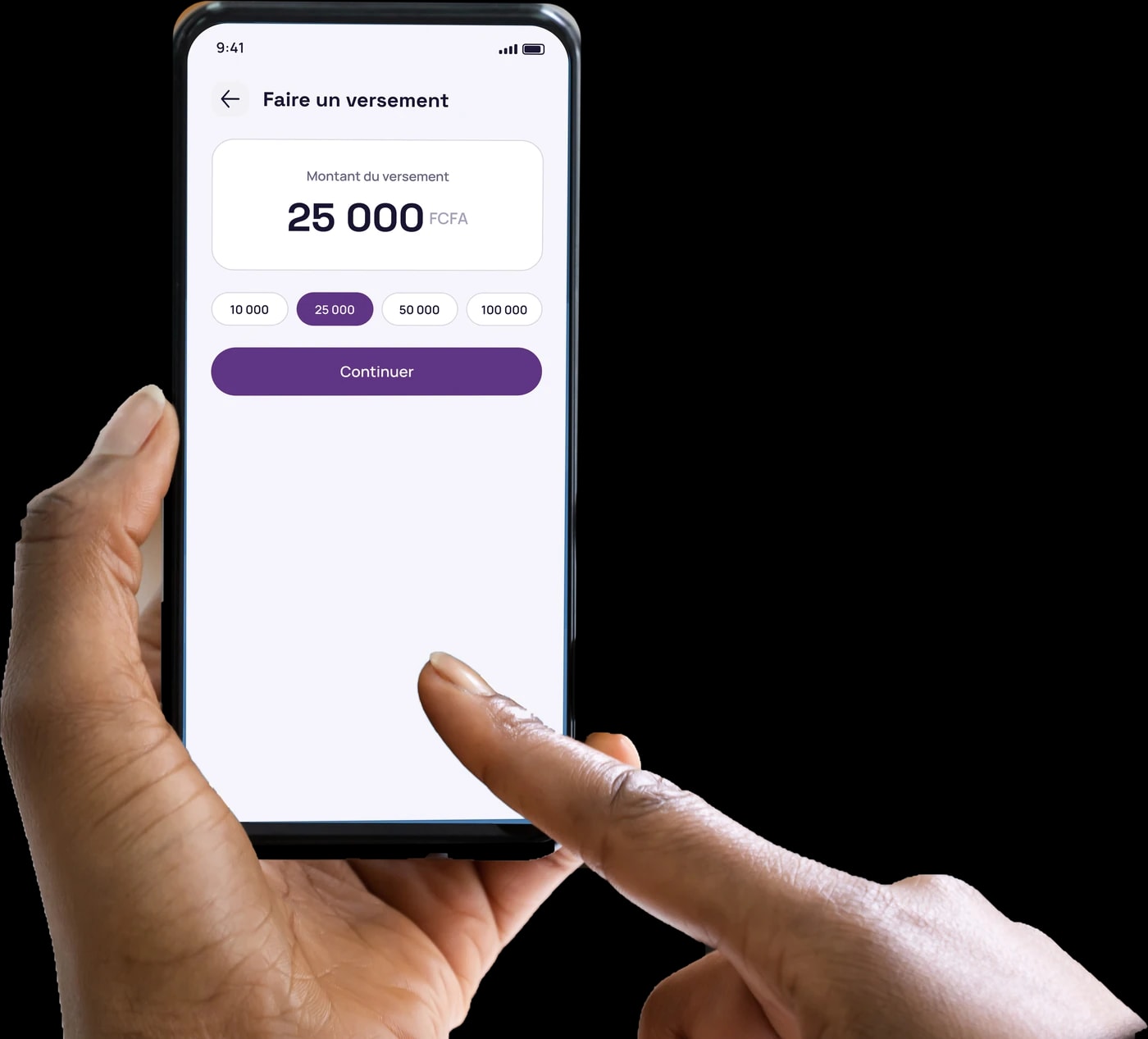 Une main sur l'écran « Faire un versement » de l'application ResiCoop